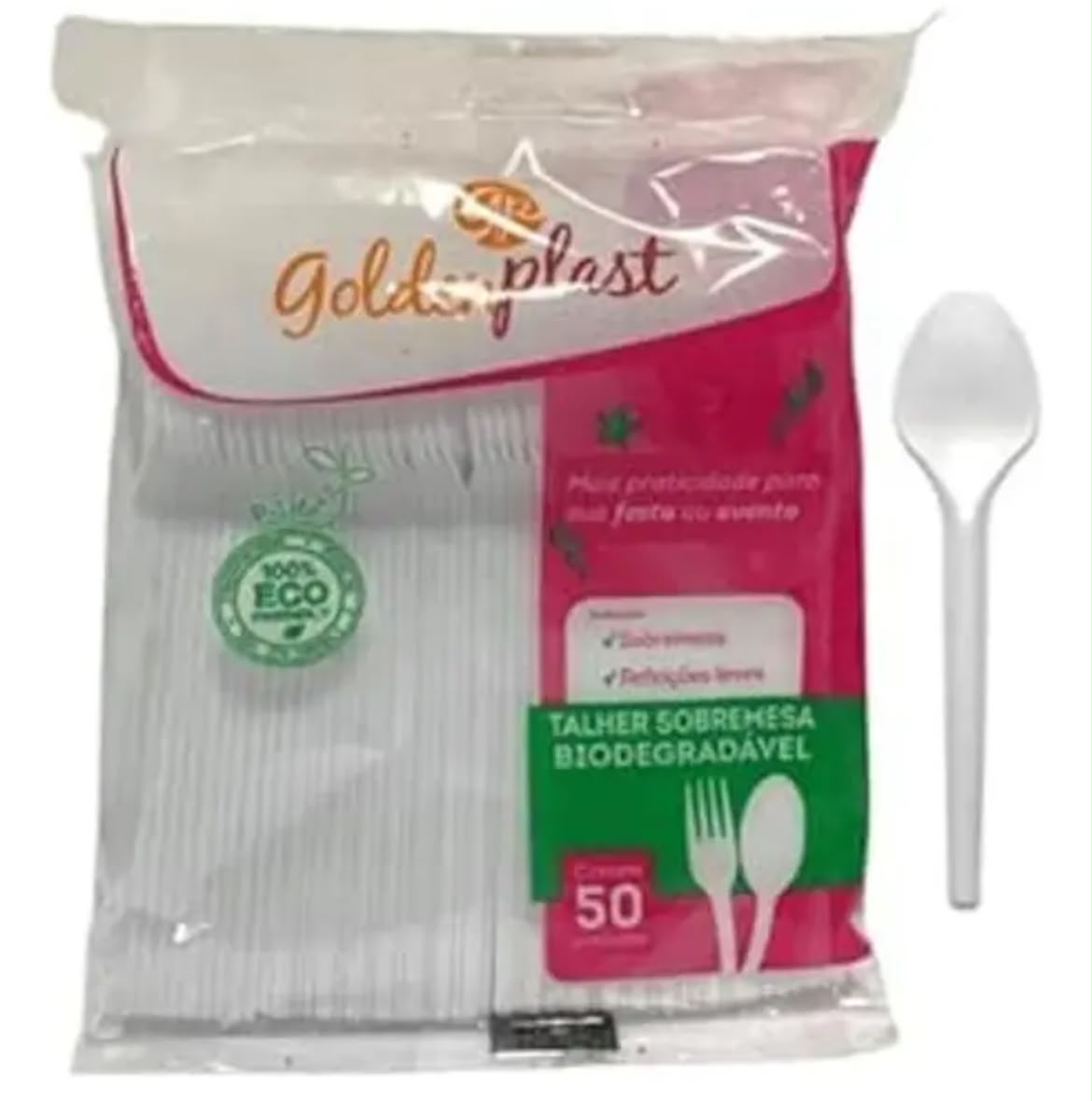 Talher Sobremesa Biodegradável Goldenplast – Pacote com 50 Unidades