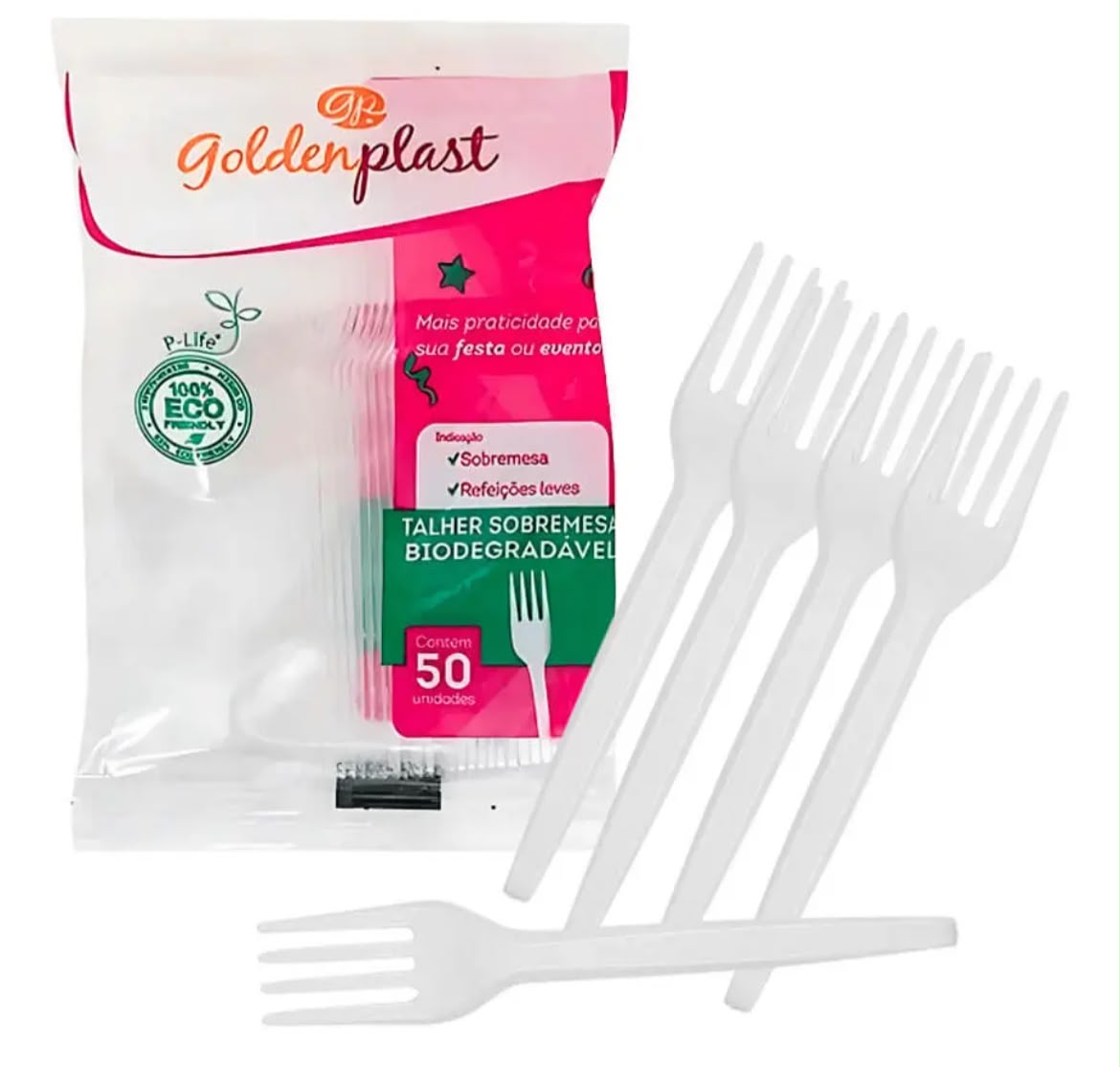 Garfo Descartável para Sobremesa Biodegradável Goldenplast – Pacote com 50 Unidades
