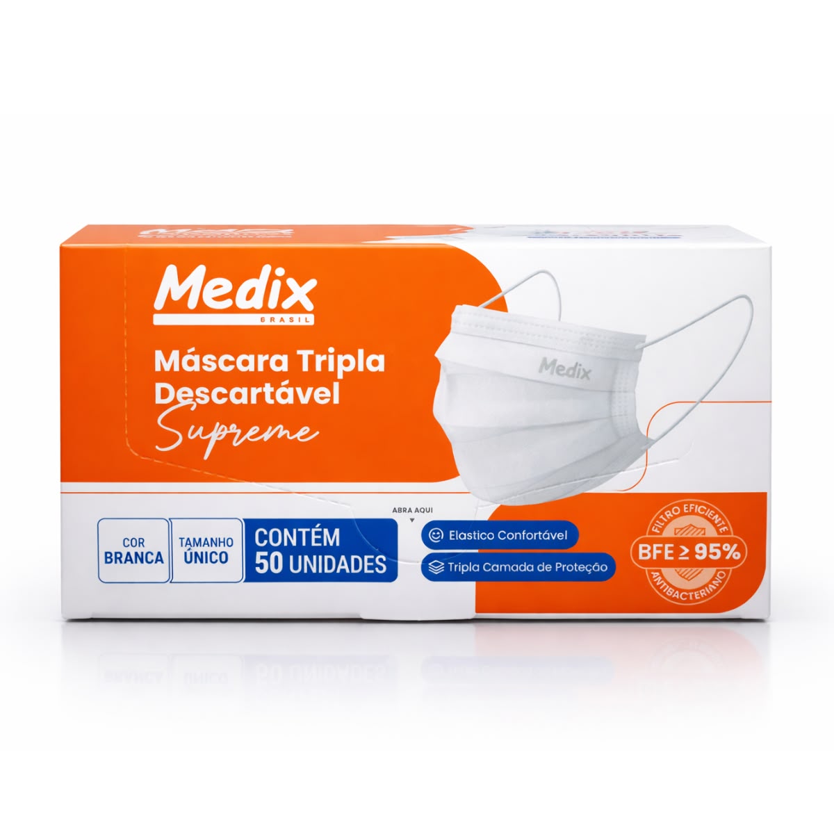 Máscara Descartável Tripla com Elástico Branca Medix – 50 uni